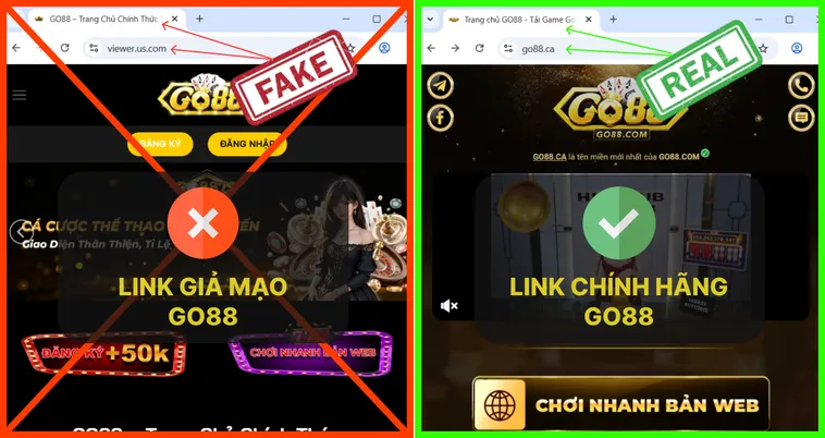Đường dẫn nội bộ của Go88.com thật dẫn thẳng tới các trang chuẩn, còn link trên trang giả Go88.com có thể trỏ sang tên miền khác.
